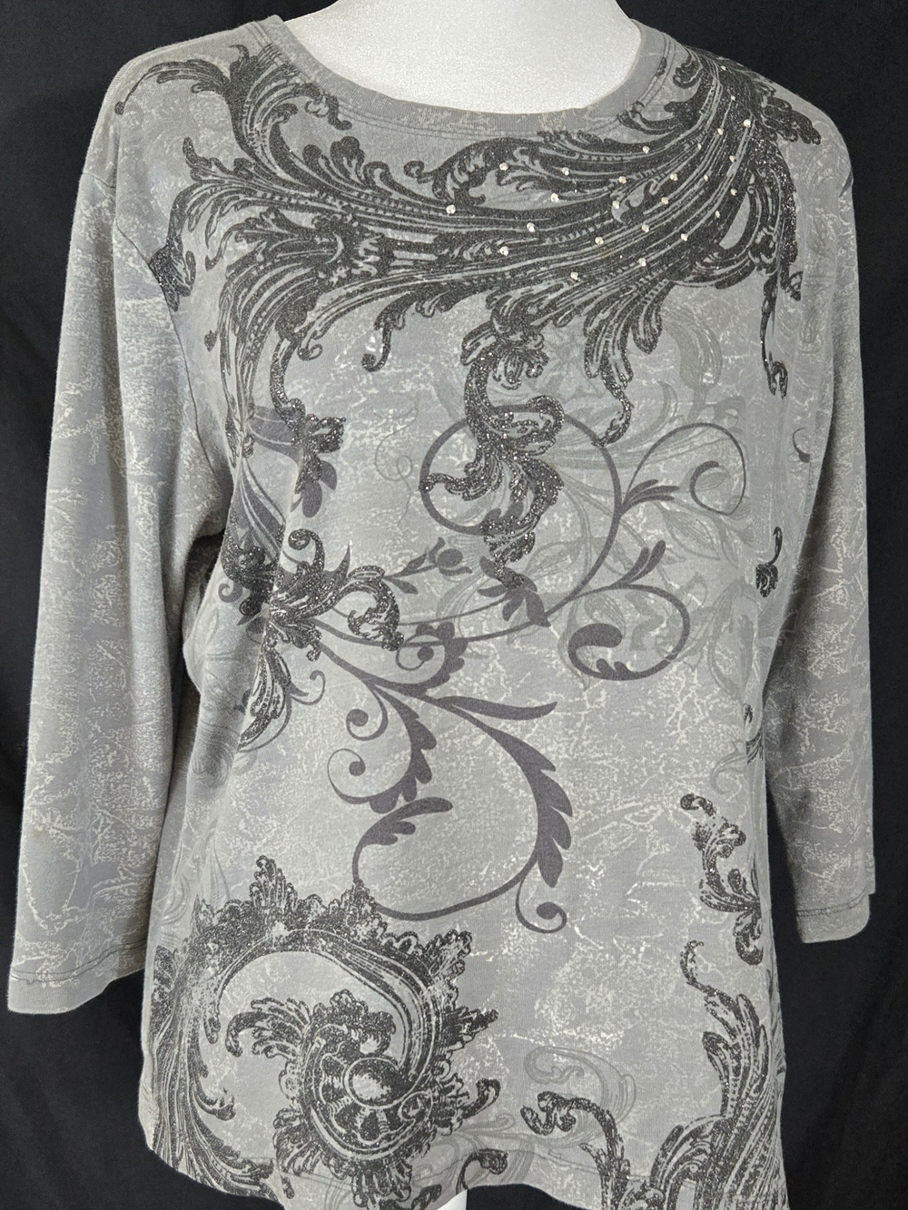 Nicole Miller Women's Gray Scroll-Print Long Sleeve Top #635